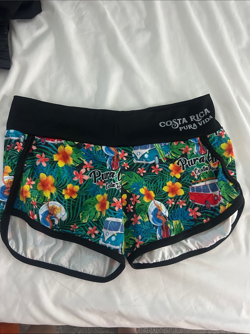 Costa Rica Pura Vida Tropical Print Women's Shorts - Black Waistband